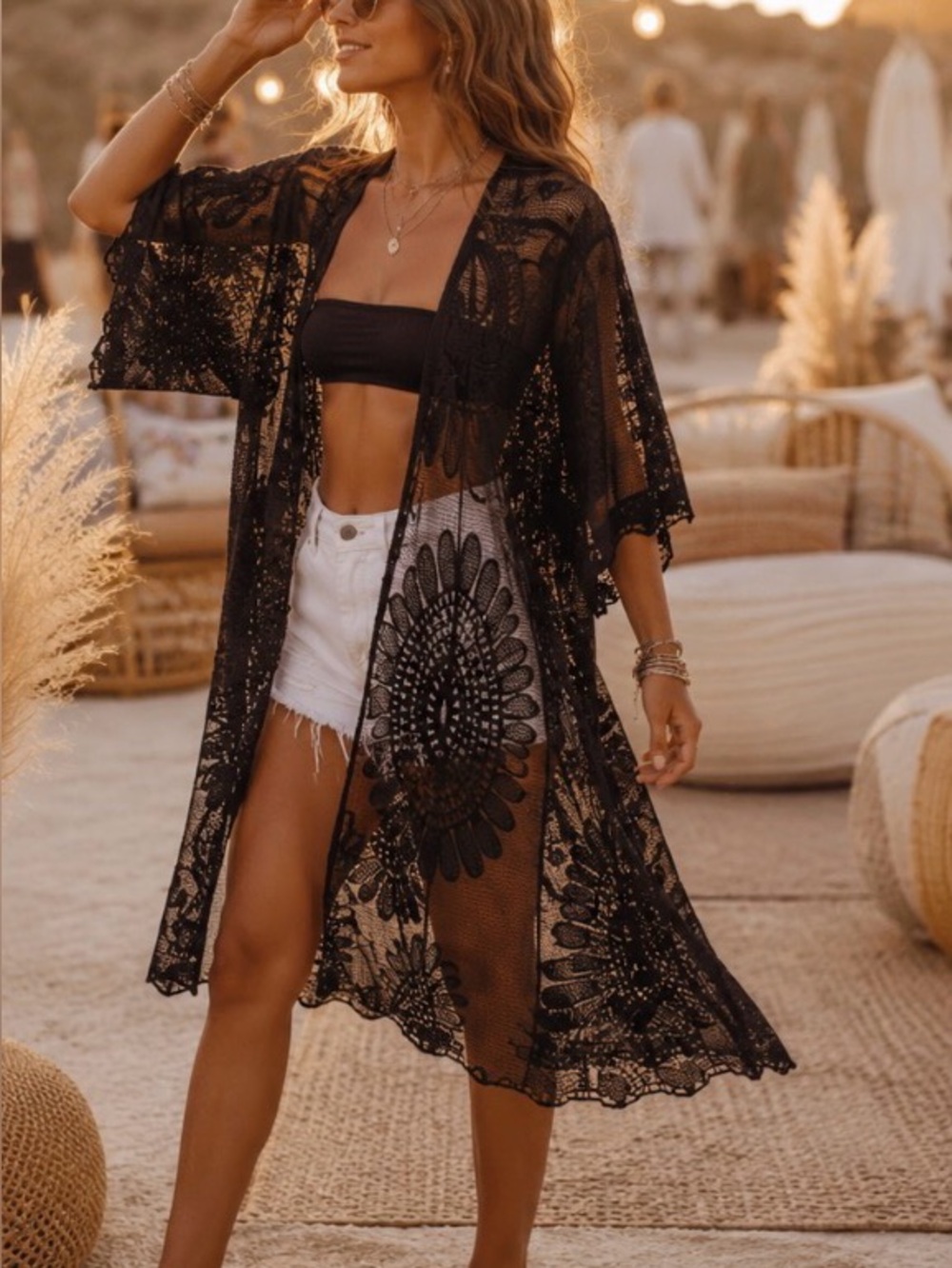 Boho Black Sheer Lace Kimono Cover Up Crochet Mesh Festival Cardigan O/S